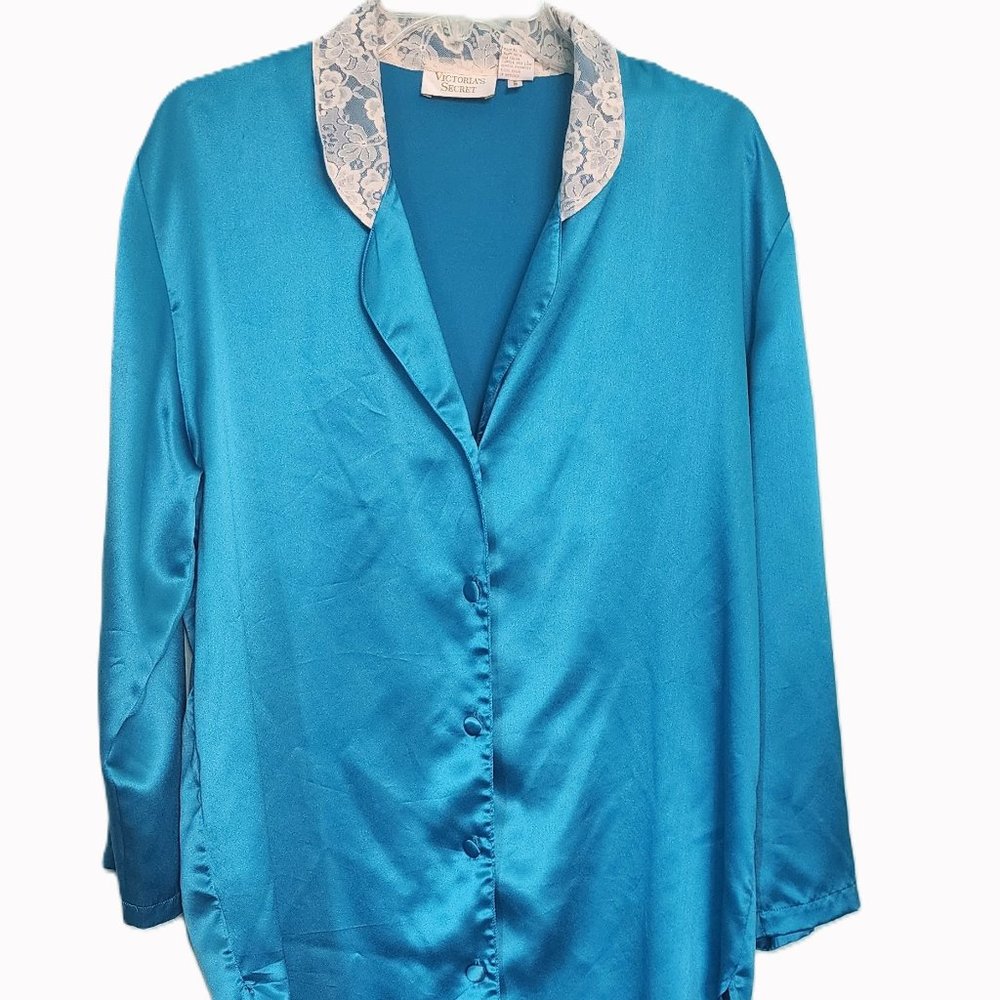 VICTORIA SECRET-Vintage Satin Nightshirt in Blue with Warm White Lace Collar-PS